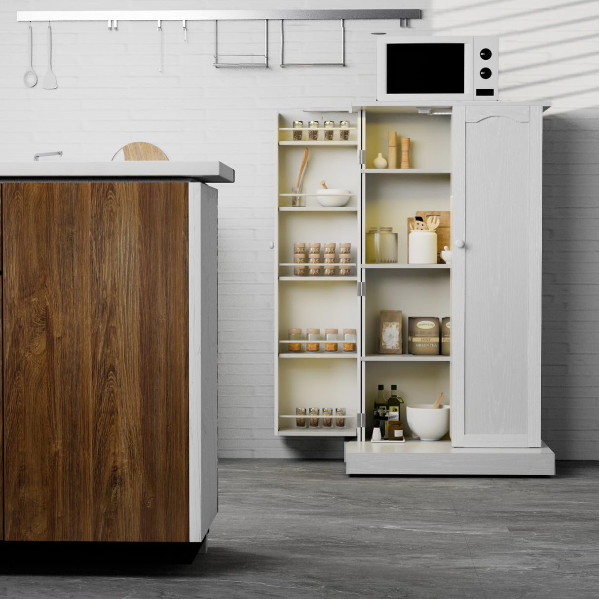 FJTJBSI 50" LED Kitchen Pantry Cabinet White Storage Cabinet Food Pantry with Doors and Adjustable Shelves Freestanding Buffet Cupboards Sideboard for Kitchen Living Room and Dinning Room FJTJBSI