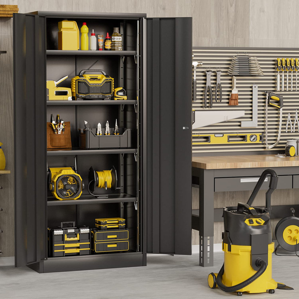 Furniwell Metal Storage Cabinet with 2 Doors & 4 Adjustable Shelves, Lockable Garage Storage Cabinet, Steel Utility File Cabinet for Home, Garage, Black, 71" H x 31.5" W x 15.7" D Furniwell