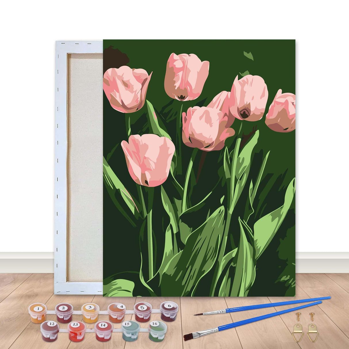 Bimkole Framed Paint by Numbers Kit for Adults Pink Tulip, DIY Oil Painting Kit on Canvas with Paintbrushes and Acrylic Pigment, for Paint by Numbers Beginner, for Home Wall Decor 8x12inch/20x30 cm Bimkole