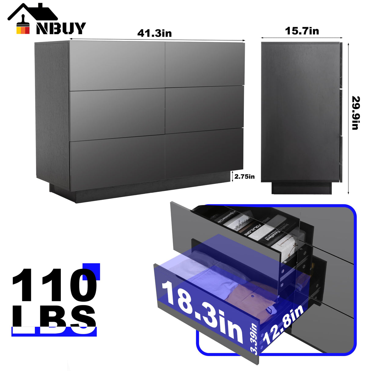 Anbuy LED Black 6 Drawer Double Dresser with Light, Modern Dresser for Bedroom with High Gloss Drawers Dual Chest of Drawers (Black) Anbuy