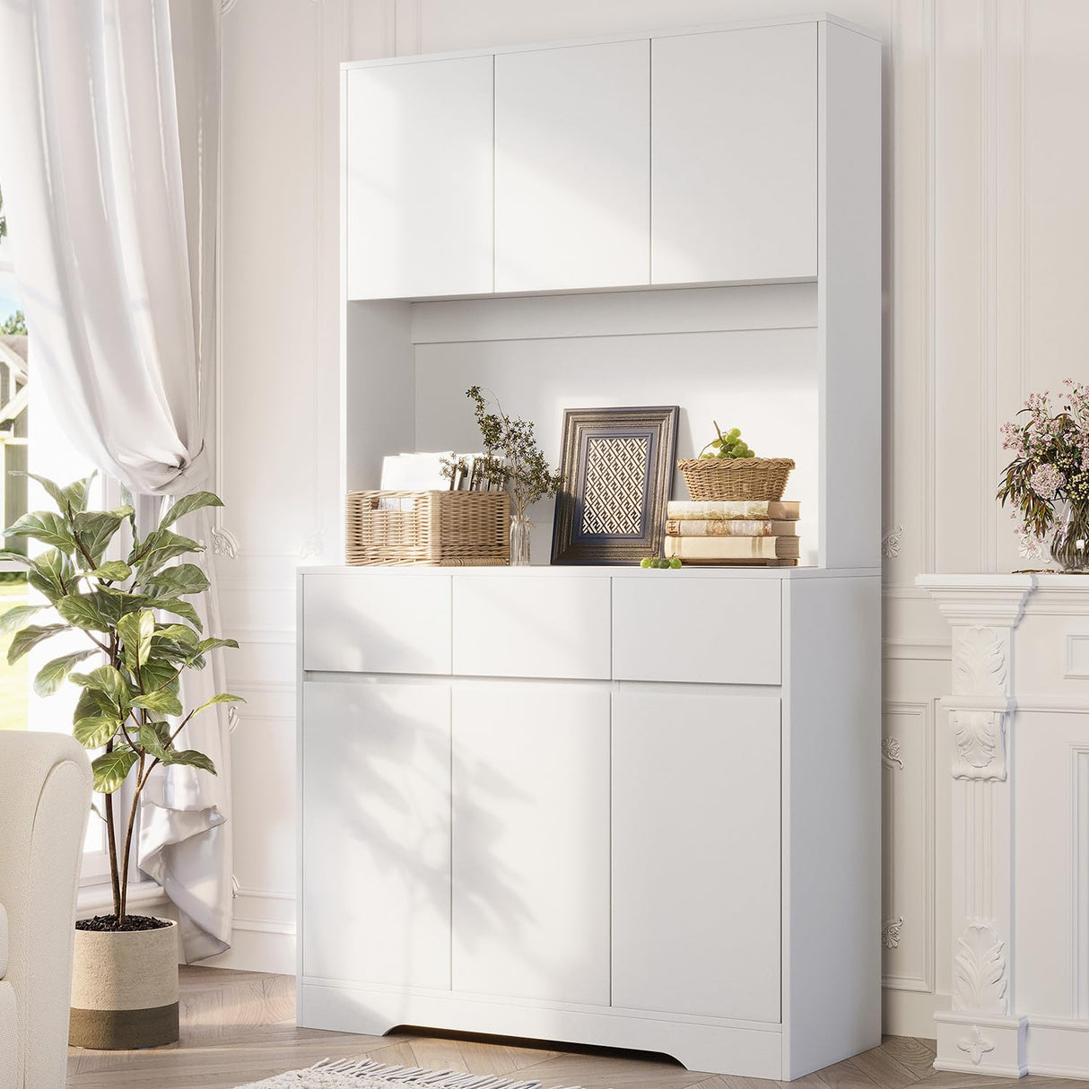 YBXGO 71'' Kitchen Pantry Cabinet with LED Light and Charging Station, Tall Kitchen Hutch Storage Cabinet with Microwave Stand, Modern Buffect Cabinet with Adjustable Shelves, Handless Design, White YBXGO