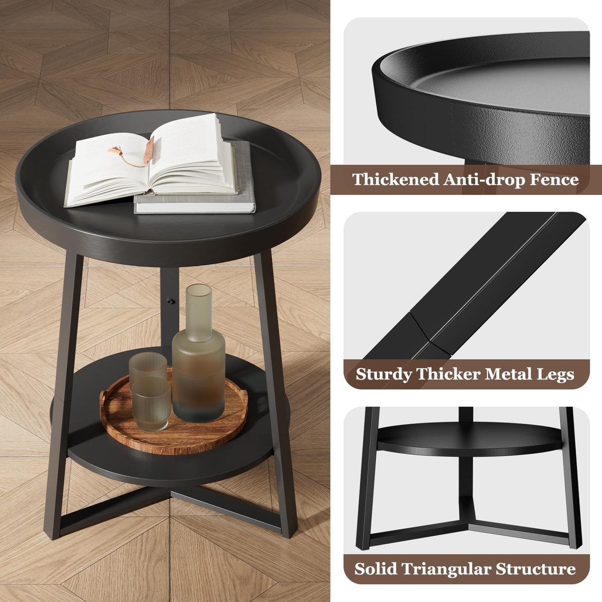 Gadroad Round End Table with Storage Shelf, 2 Tier Farmhouse Side Table Nightstand for Living Room, Bedroom, Wood Tabletop & Black Metal Frame, Black 15.7 * 15.7 * 23.6inches Gadroad