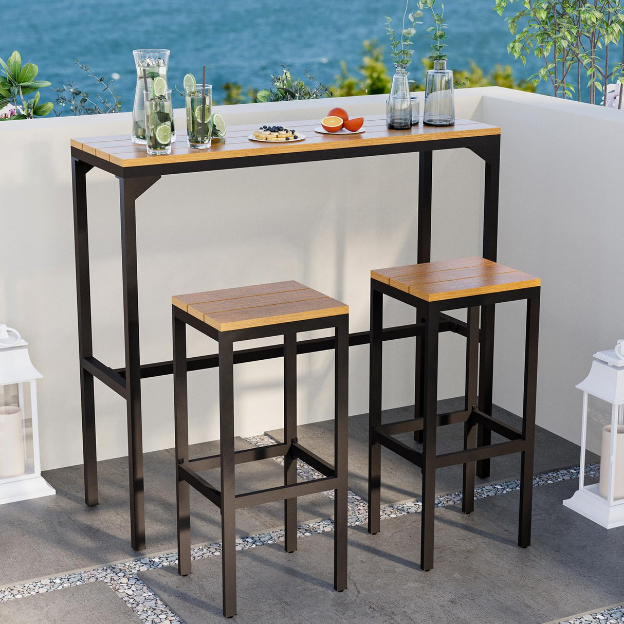 AECOJOY 3-Piece Outdoor Bar Set, Patio Bar Height Table and Chairs Set 47" Rectangular Pub Height Bar Table with 2 Bar Stools Patio Pub Bar Set for Balcony, Porch AECOJOY