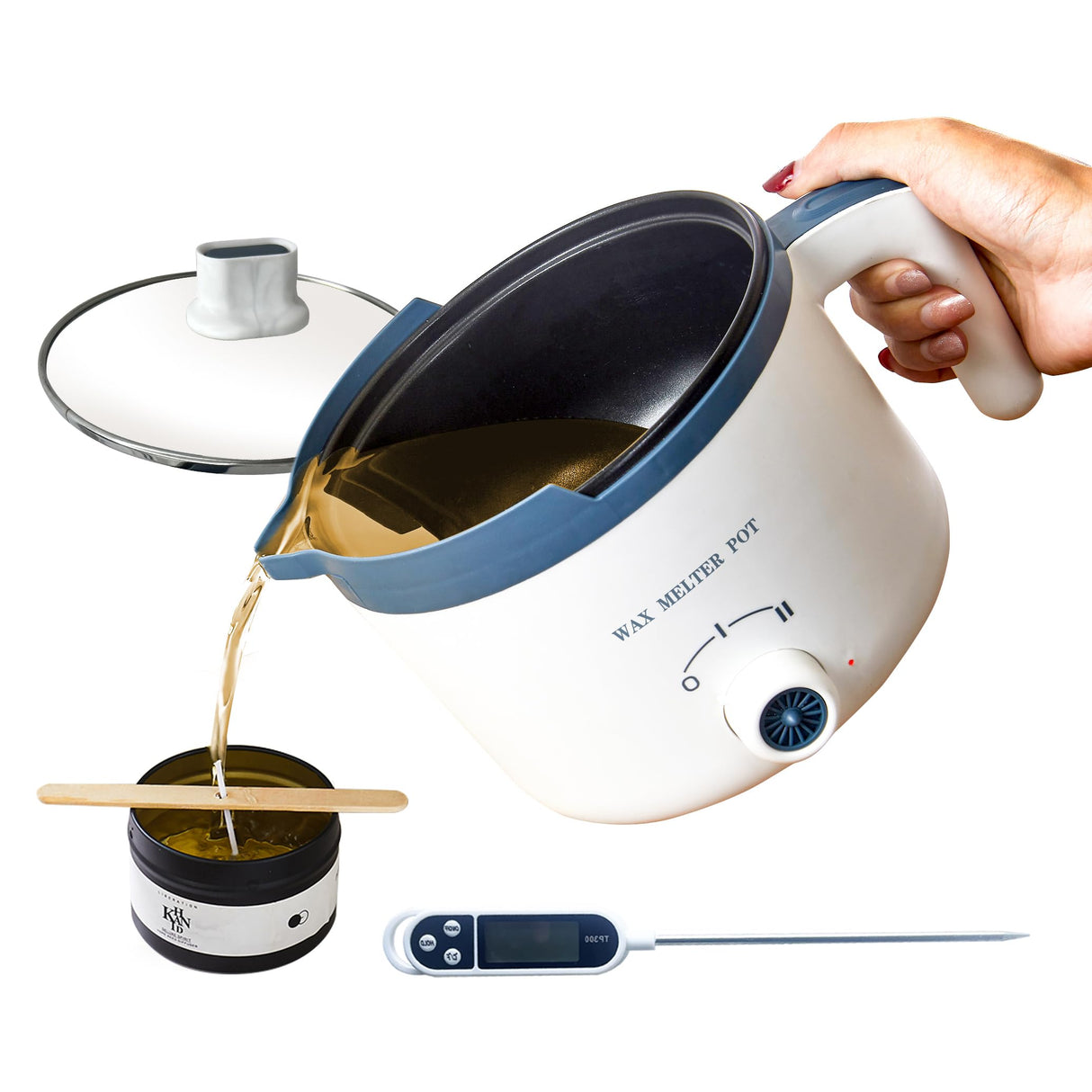 KQU Wax Melting Pot with Thermometer, Electric Wax Melter for Candle Making with Spout, Small Double Boiler Pot Set for Beginner Adults KQU