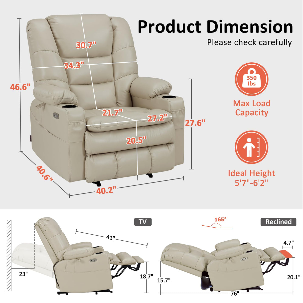 MCombo Oversized Triple Motor Power Lift Recliner Chair with Massage and Dual Heating, Adjustable Headrest for Big and Tall Elderly People, Faux Leather R7635 (Beige, Large-Oversize) MCombo