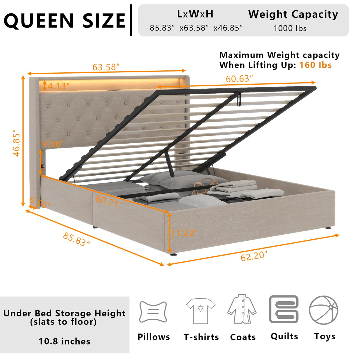 Loomie Upholstered Queen Bed Frame with Lift-Up Storage, LED Lights & Charging Station in Beige Loomie