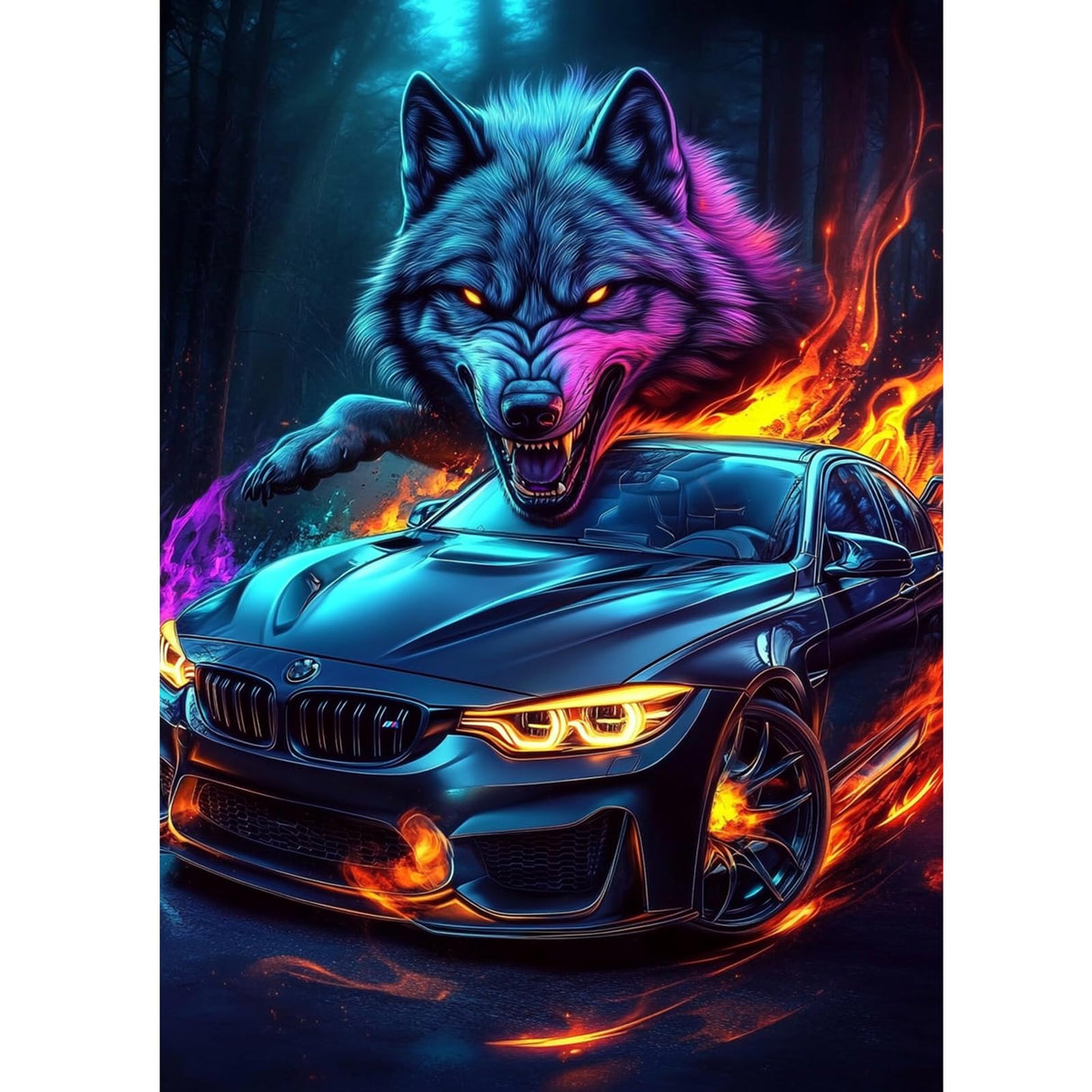 KEYIFA Sports Car Diamond Art Kits, 5D DIY Diamond Painting for Adults, Round Full Drill, Wolf Diamonds Dots Mosaic Painting, Crystal Gem Arts Craft for Home Wall Decor 12x16 in KEYIFA