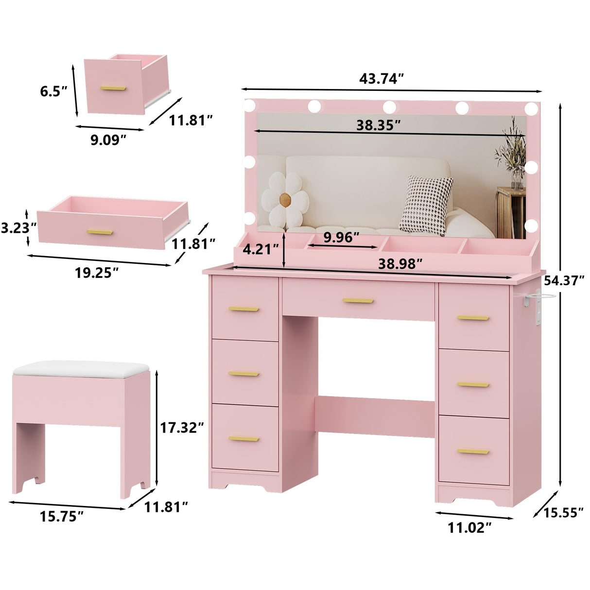 METOTI Vanity Desk with 38" Large Mirror and 9 LED Lights & Glass Top and Power Outlet, Adults Makeup Vanity with Chair and 7 Storage Drawers, Dressing Table Set for Bedroom, Modern Pink METOTI