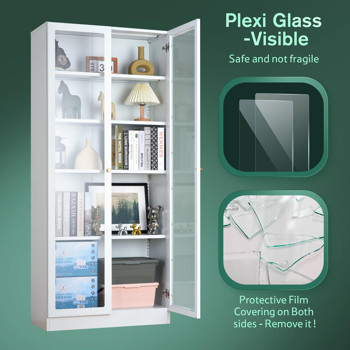 IRONMIX Metal Bookshelf with Doors and Adjustable Shelves, 70.87" H Tall Bookcase, 5-Tier Curio Cabinet for Collectibles, White Storage Cabinet for Home Office Living Room IRONMIX