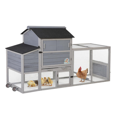COZIWOW 82" Large Wooden Chicken Coop, Outdoor Rabbit Hutch, Guinea Pig Pet House with Wheels, Sunshine Board, Asphalt Roof, Ramp, Openable Top, Door, Window, Pull-Out Tray, Indoor Bunny Cage (Gray)