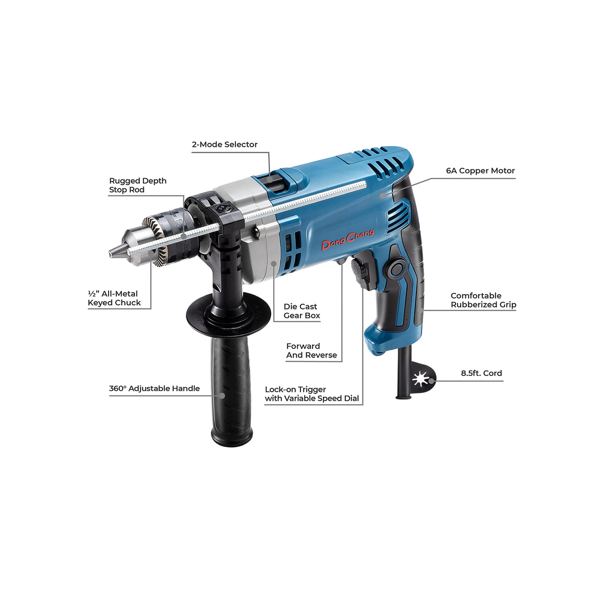 DongCheng Hammer Drill 6A,1/2 Inch Keyed Chuck, 0-3000 RPM/45000 BPM Impact Drill with 15PCS Drilling Bits for Concrete,Metal & Wood, DZJ05-13 Dong Cheng
