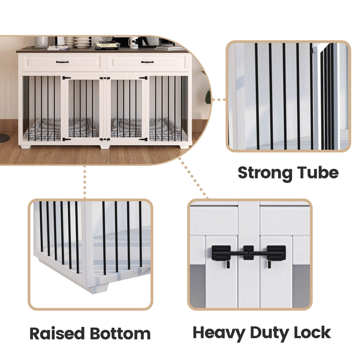 DAWNSPACES Furniture Style Dog Crate, 72" Large Wooden Dog Kennel with Drawers & Divider, Heavy Duty Indoor Dog Cage with Double Rooms for Large Medium Small Dogs, White DAWNSPACES