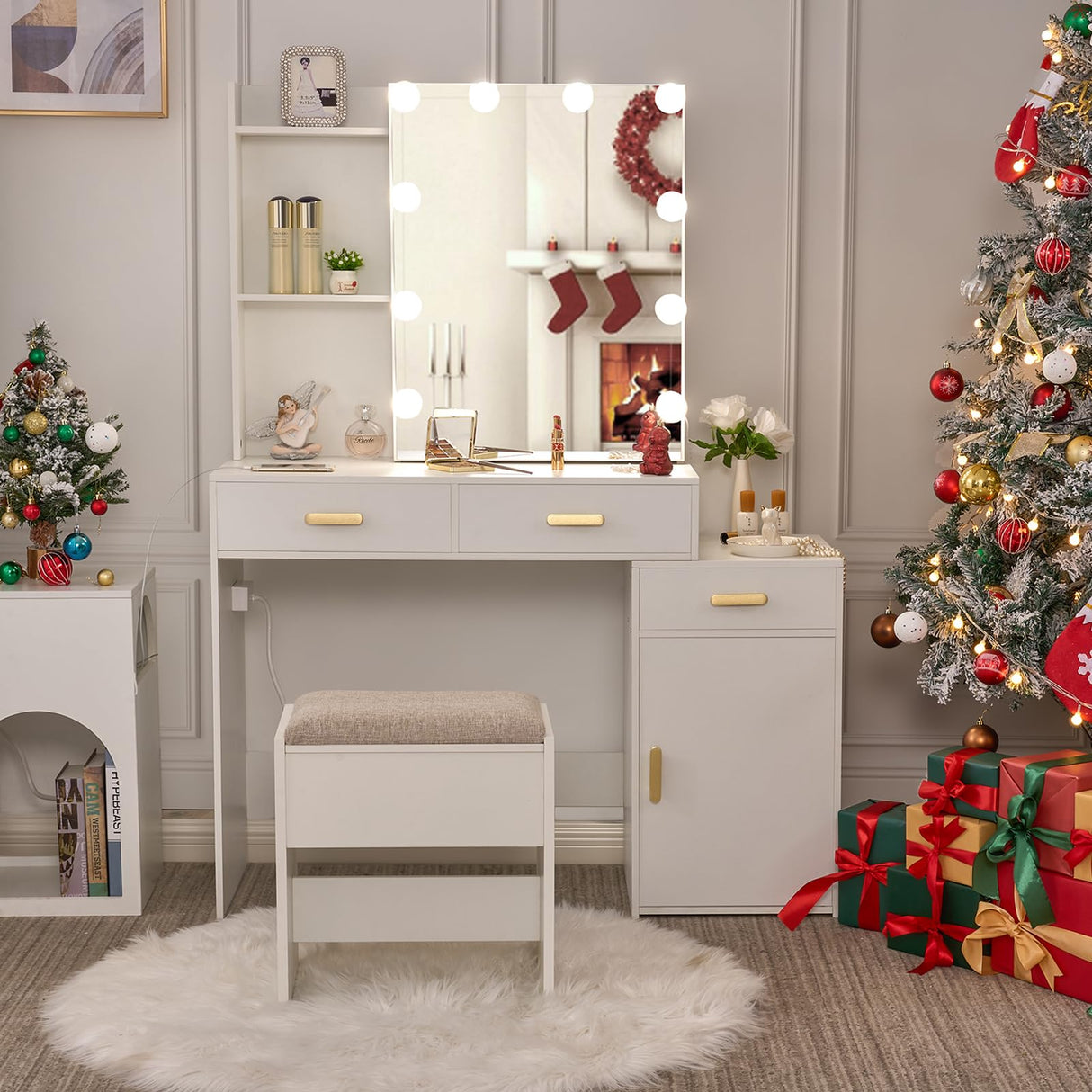 ANWBROAD Makeup Vanity Desk Vanity Set with 10 LED Bulb Lighted Sliding Mirror Makeup Vanity Table with Charging Station Nightstand 3 Colors Modes Dimming Cushioned Stool Dressing Table White UBDT54W ANWBROAD