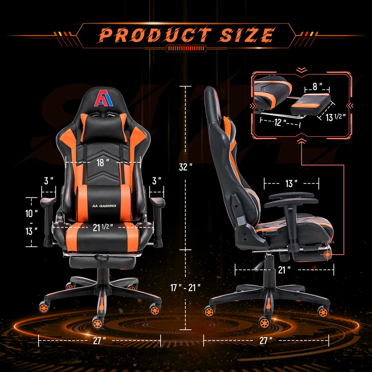 AA Products Gaming Chair Ergonomic High Back Computer Racing Chair Adjustable Office Chair with Footrest, Lumbar Support Swivel Chair - BlackOrange AA Products Inc.