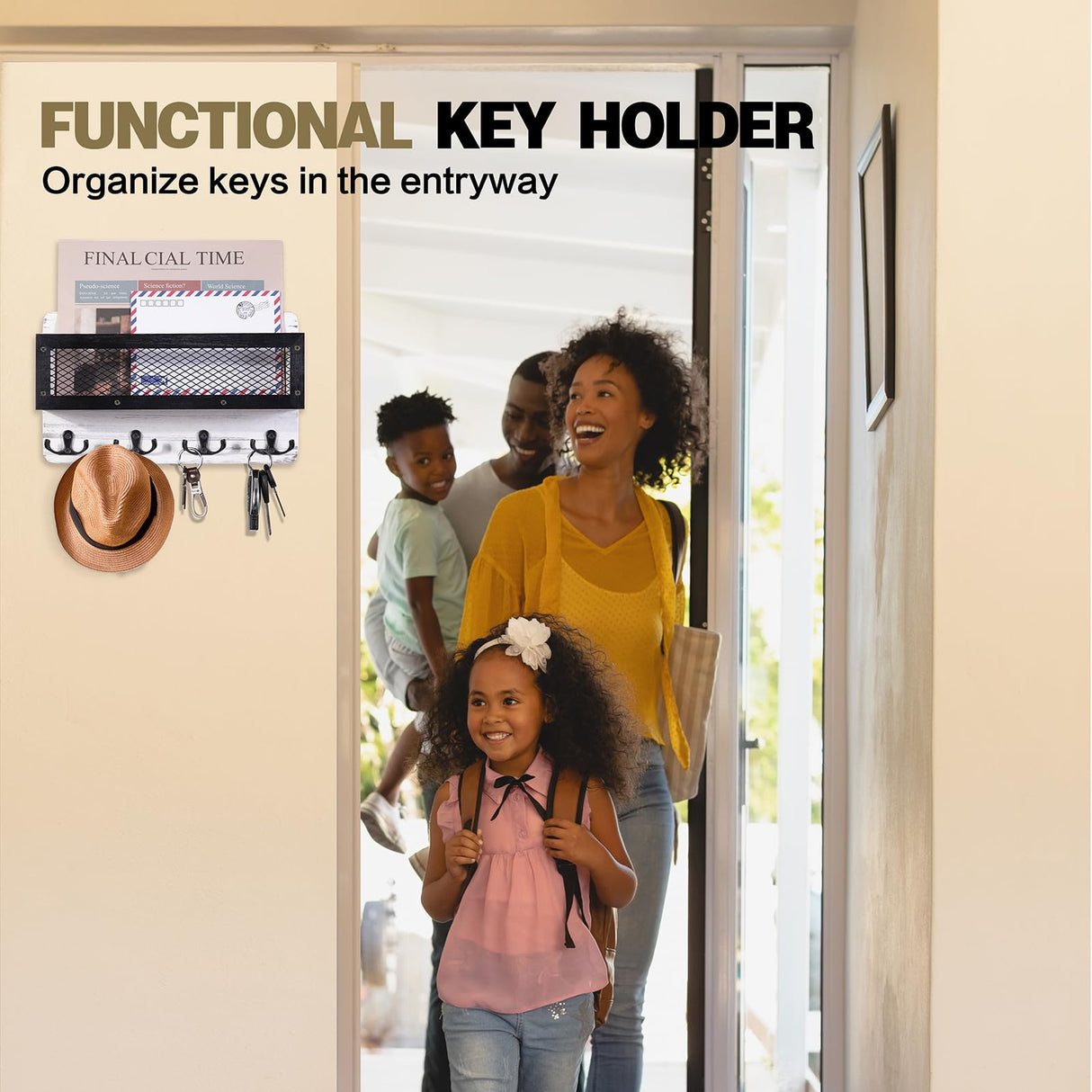 ADIIL Mail and Key Holder for Wall Decorative, Wooden Wall Key Rack Organizer with 4 Double Key Hooks, Wall Mount Key Hanger for Wall with Shelf, Rustic Home Decor for Entryway Hallway, White ADIIL