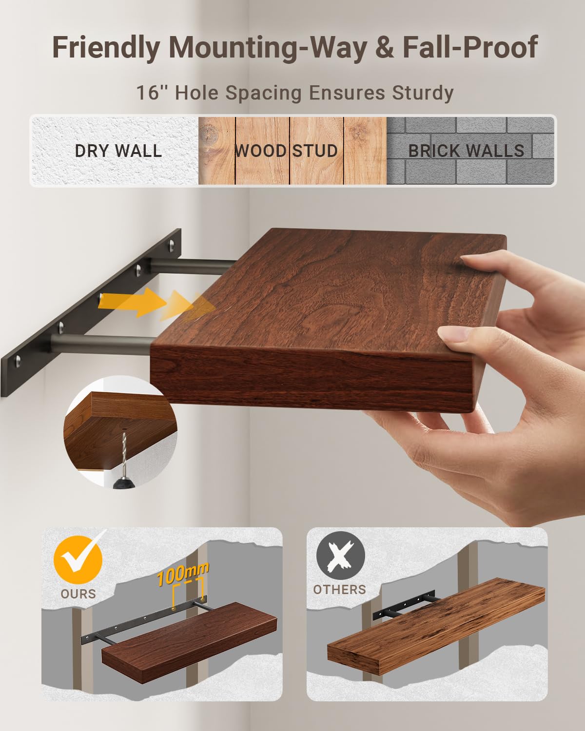 QueenFun 60 Inch Long Floating Wall Shelf Walnut, 8 Inch Deep Wood Floating Shelf Wall Mounted, Thick Wooden Mantel Shelf with 50LB Load-Bearing for Living Room Kitchen Bedroom QueenFun
