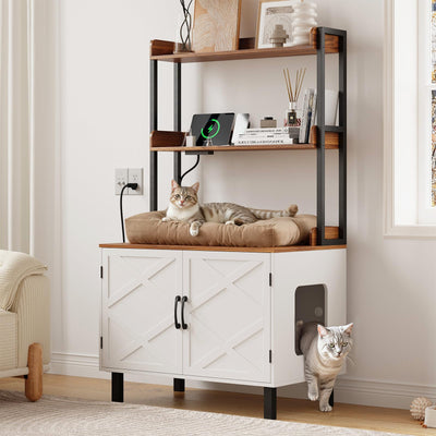 ONBRILL 55 Inches Cat Litter Box Enclosure, Hidden Litter Box Furniture with 2 Storage Shelves and Charging Sockets, Wooden Cat House, Large Indoor Cabinet for Livingroom & Entryway, White