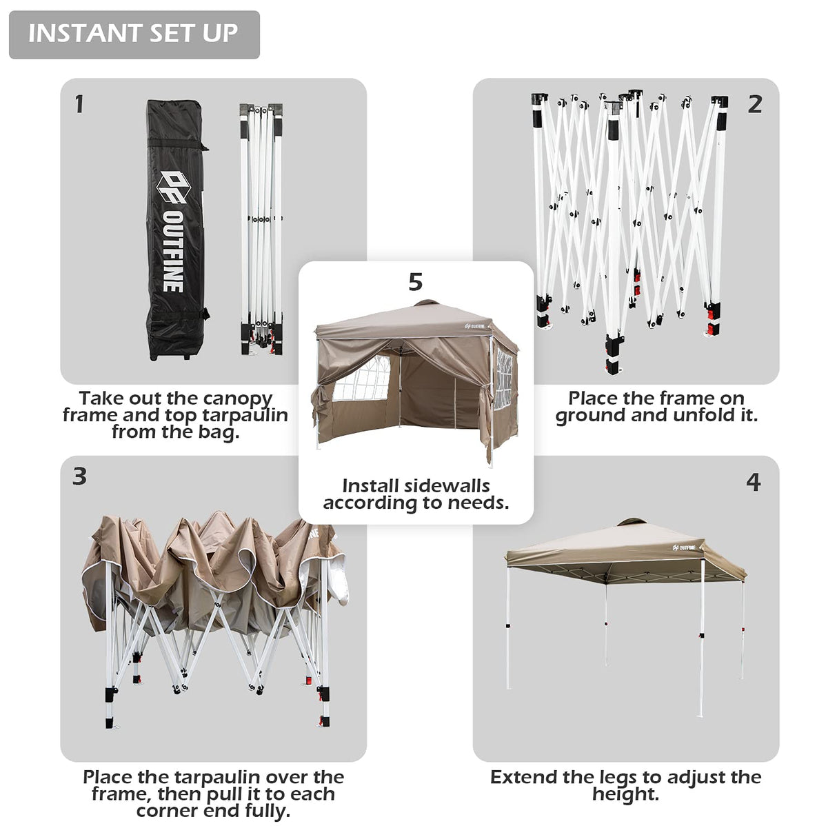 OUTFINE Patio Canopy 10'x10' Pop Up Commercial Instant Gazebo Tent, Outdoor Party Canopies with 4 Removable Sidewalls, Stakes x8, Ropes x4 (Khaki, 10 * 10FT) OUTFINE