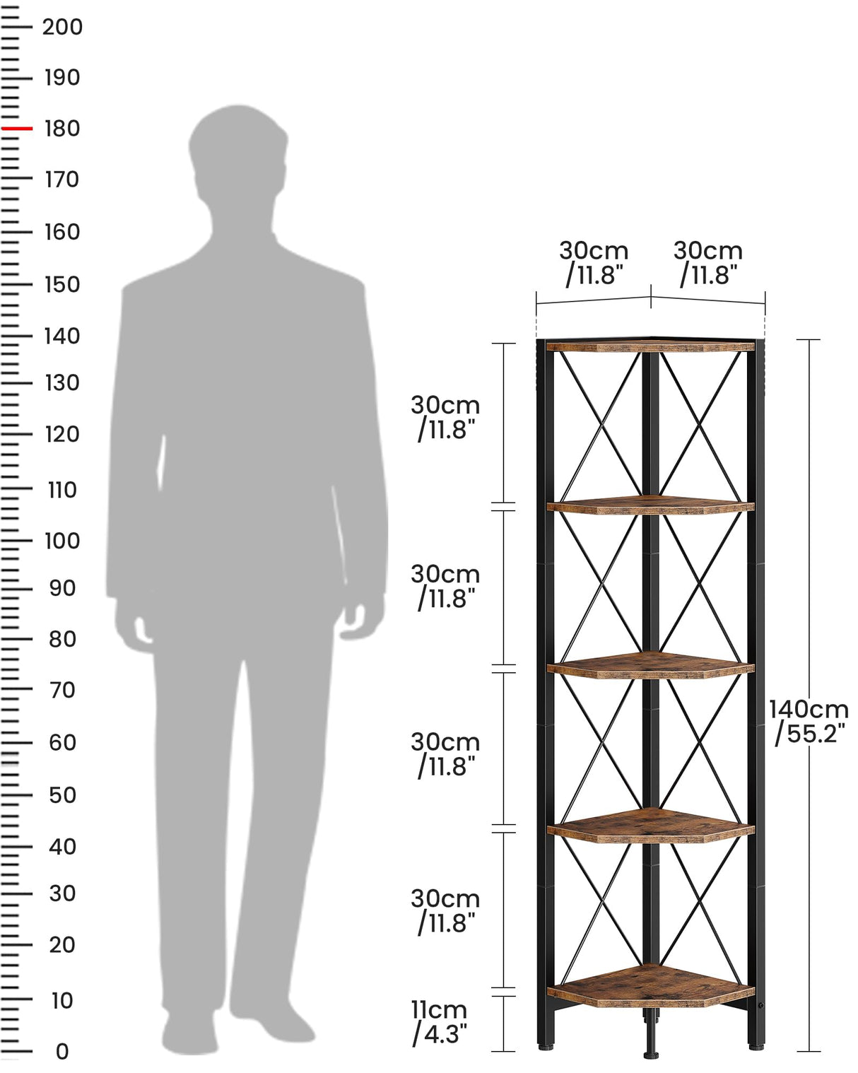 CHOEZON 5-Tier Corner Shelf, Corner Bookcase, 55.2" Tall Vertical Display Rack, Plant Stand, Open Storage Shelf, for Living Room, Bedroom, Study, Kitchen, Rustic Brown and Black TCJ12BF CHOEZON