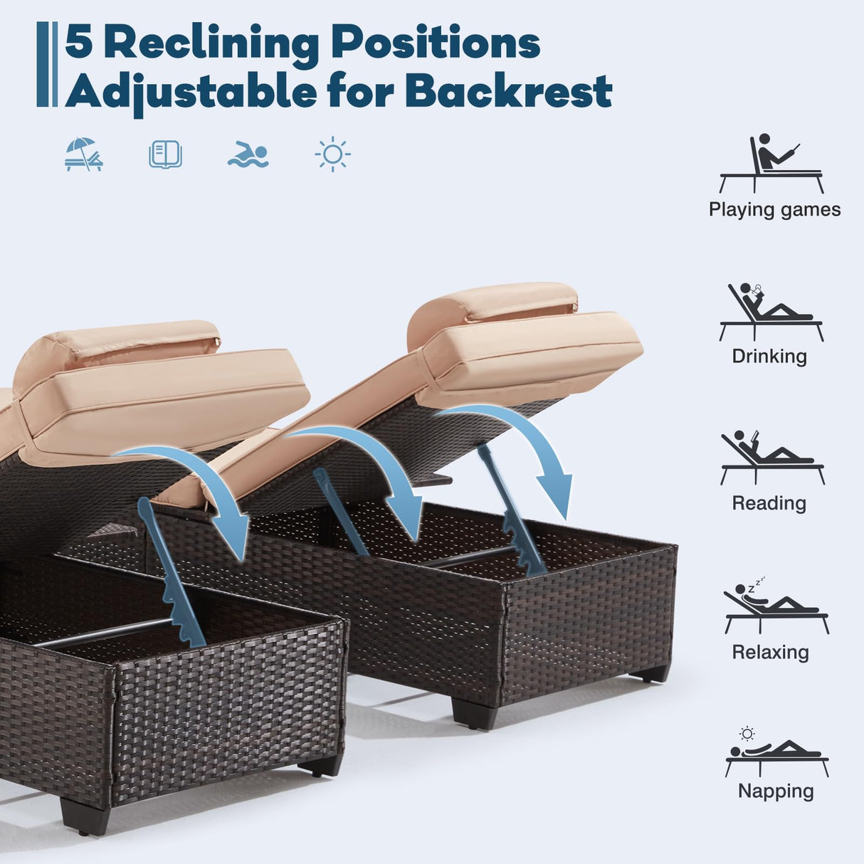 Yalissey Outdoor Lounge Chairs, Pool Lounge Chairs Set of 2, Outdoor Chaise Lounge with Adjustable Backrest & Cup Holder,Khaki Yalissey