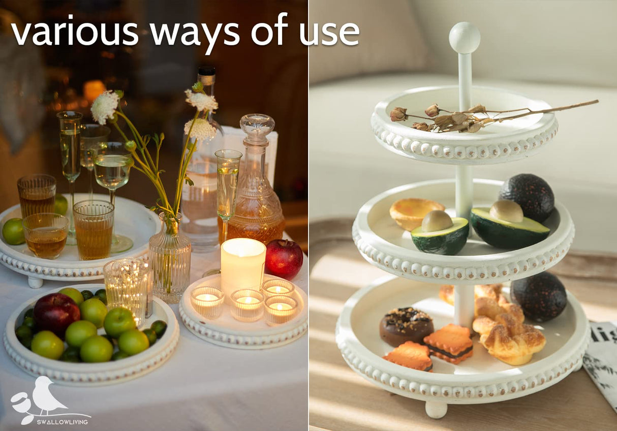 SwallowLiving Farmhouse 3 Tier Tray, White Three Tiered Tray Wood Stand with Shabby Chic Beaded for Home & Kitchen or Coffee Bar Decorations, 12.4 x 12.4 x 16.5 inchs SwallowLiving