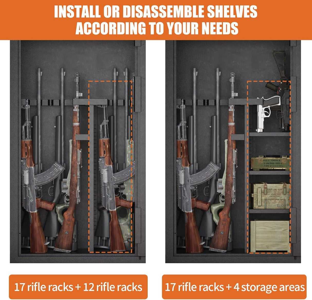 Large Rifle Safe, 30-40 Gun Safe for Rifle and Shotgun/Rifle Pistol Rack/Storage Pocket/Removable Shelf/Silent Mode/External Battery/LED/Key,180° Open Door Panel Organizer Unassembled Gun Safe TTSITG