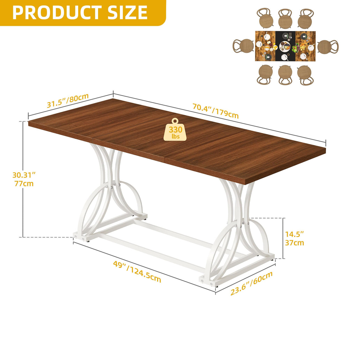 DWVO 70.3" Large Modern Dining Table for 6-8 People, Rectangular Walnut Kitchen Dining Room Table with Thick Tabletop and White Geometric Metal Legs, Farmhouse Wood Dinner Tables DWVO