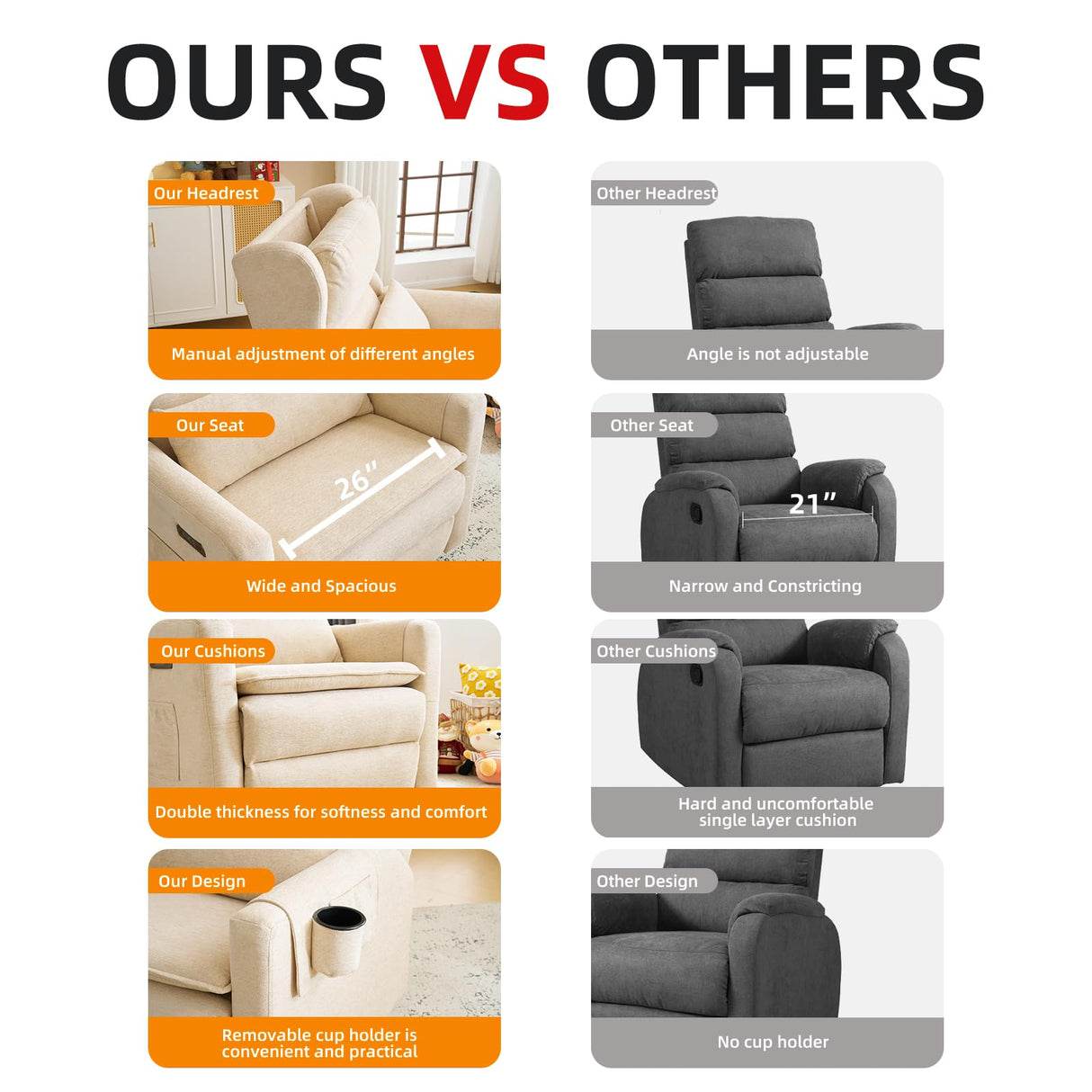 Rhevoy Oversized Swivel Rocker Recliner Chair, 26" Extra Wide Glider Nursery Chair with Adjustable Headrest, Chenille Power Recliner Rocking with Double Cushion, Cup Holder, Beige Rhevoy