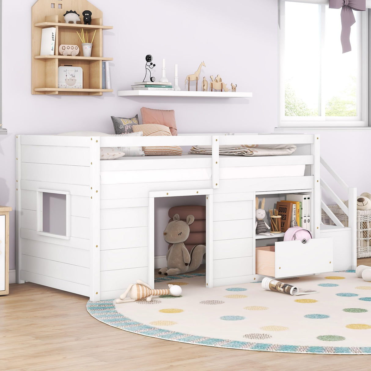 Harper & Bright Designs White Twin Size Low Loft Bed with Storage and Stairs for Kids Harper & Bright Designs
