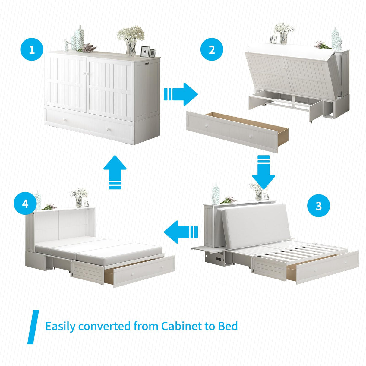 Mjkone Murphy Bed Cabinet, Queen Murphy Bed with Tri-Fold Mattress and USB Charging Station, Space-Saving Cube Beds with 2 Large Drawers for Living Room Guest Room Bedroom -White Mjkone