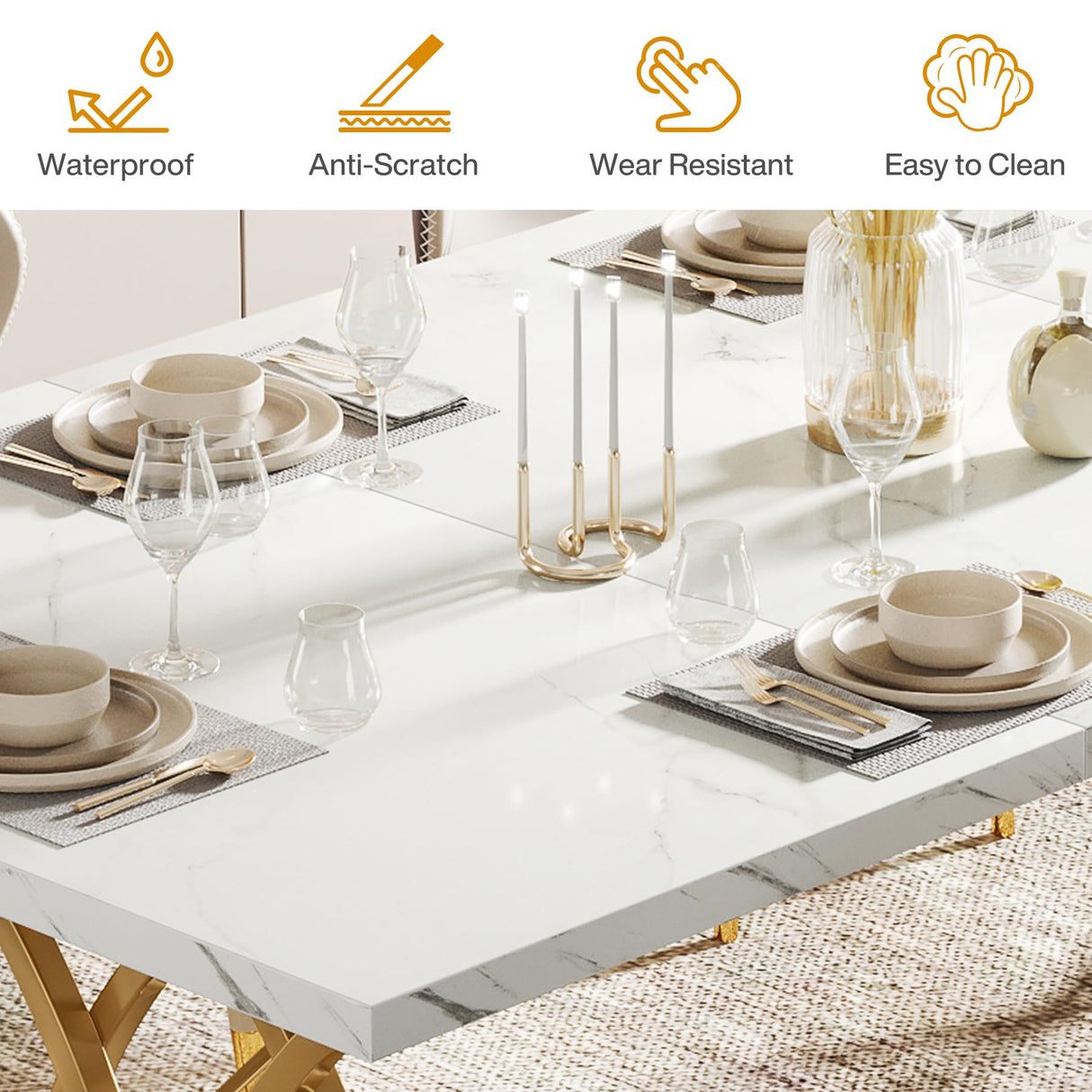 Tribesigns Modern Dining Table, 63" Large Kitchen Table for 4-6 People, Unique Rectangular Dinner Table Kitchen & Dining Room Furniture with Faux Marble Tabletop and Geometric Legs Tribesigns