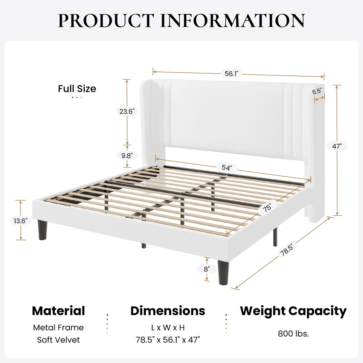 SHA CERLIN Full Size Velvet Upholstered Platform Bed Frame with Vertical Channel Tufted Wingback Headboard, Wooden Slats Support, Easy Assembly, Under Bed Storage, No Box Spring Required, White SHA CERLIN
