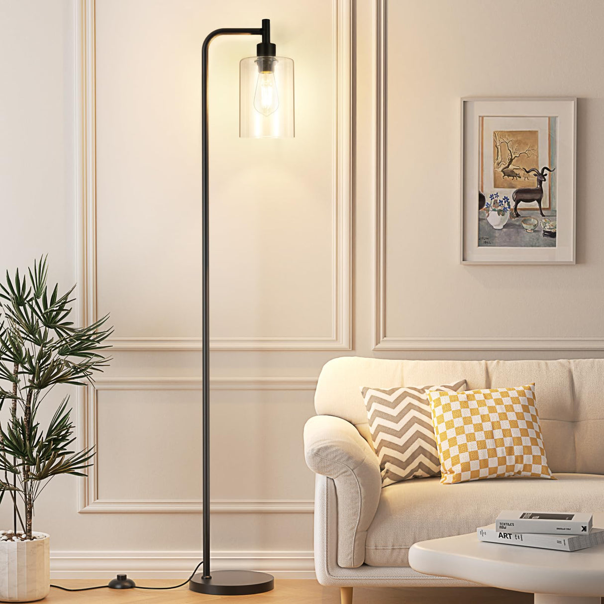 Ziisee Industrial Floor Lamp with Glass Shade - Black, LED Bulbs, Foot Pedal Switch, Easy Assembly Ziisee