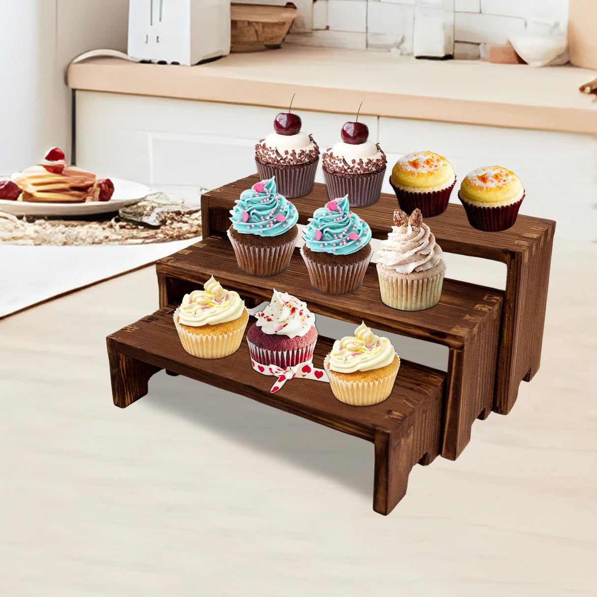Yikaroeli Display Wood Risers Wooden Stand 3 Tier Wood Racks Decorative Rectangular, 2 Set 6 Piece Cupcake Stands Cologne Perfume Organizer Showcase Items(Brown) Yikaroeli