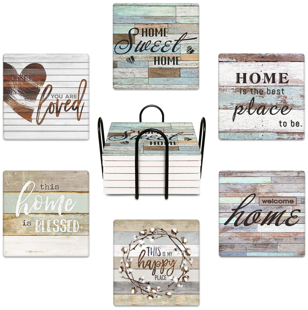 Britimes Coaster for Drinks Set of 6, Worn Wood Absorbent Square Ceramic Stone Mat, with Cork Base and Metal Holder, Gift for Housewarming Room Bar Decor Britimes