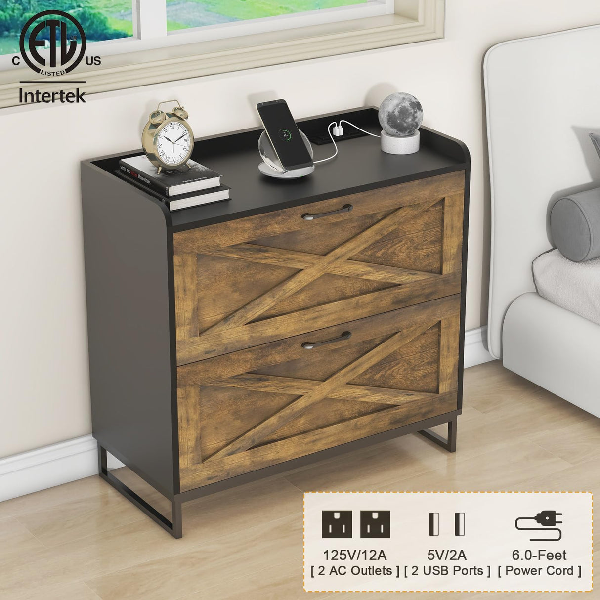 2 Drawer Lateral File Cabinet, Filing Cabinet with Charging Station for Letter/Legal/A4 Size Hanging Files, Modern Farmhouse File Cabinet for Home Office, Printer Stand with Storage, Brown and Black Befrases