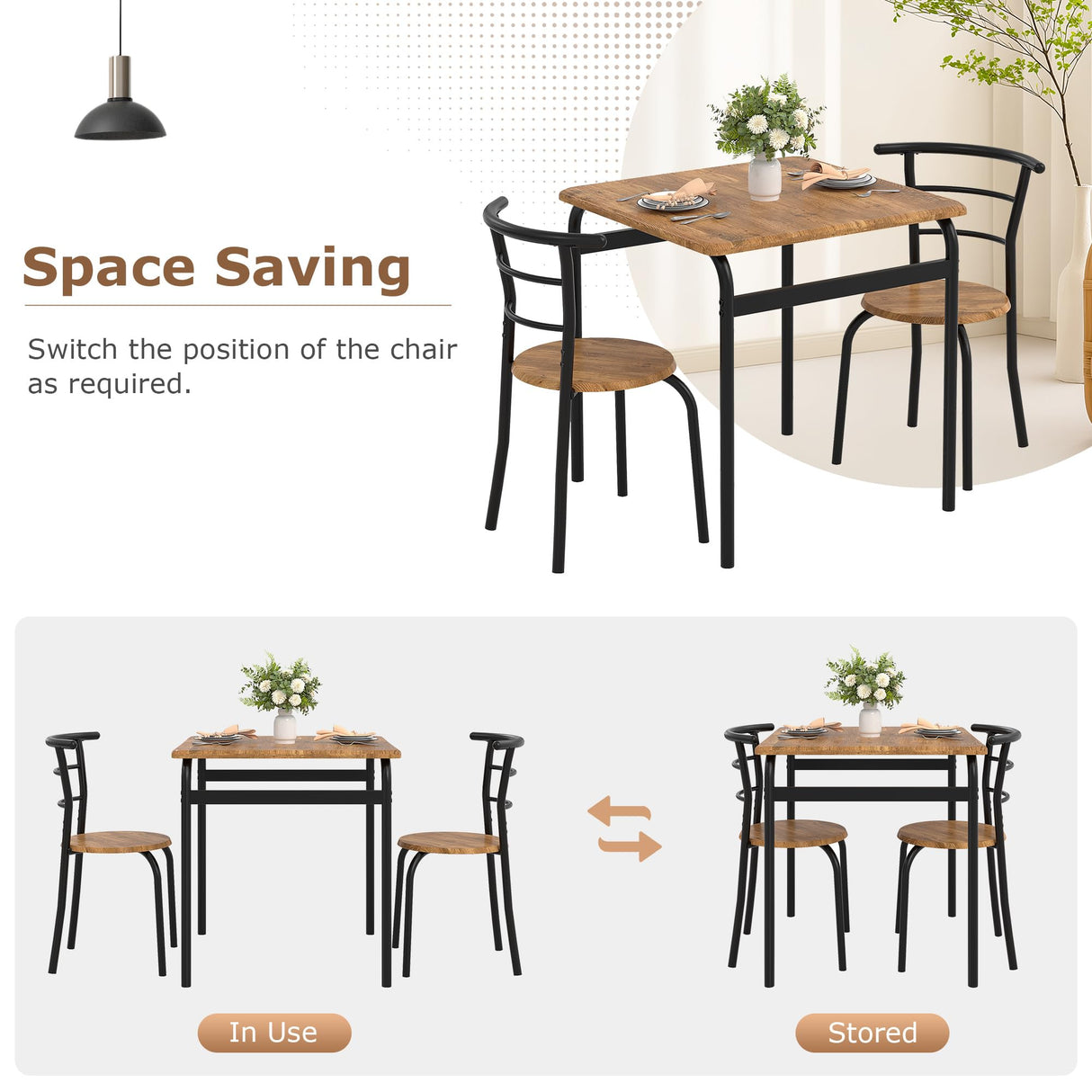 VECELO 3 Piece Dining Table & Chairs Set for 2, Metal and Wooden Square Kitchen Dinette Set for Small Space, Breakfast Nook, Saving Space, Brown VECELO