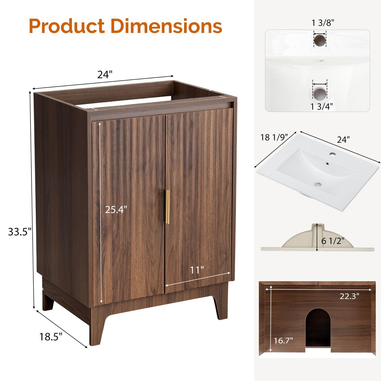 VINGLI Fluted Bathroom Vanity with Ceramic Sink, Bathroom Vanity Cabinet with 2 Doors, 24 Inch Restroom Sink Cabinet Combo, Mid-Century Modern Floor Storage Cupboard w/U Shape Shelf Walnut VINGLI