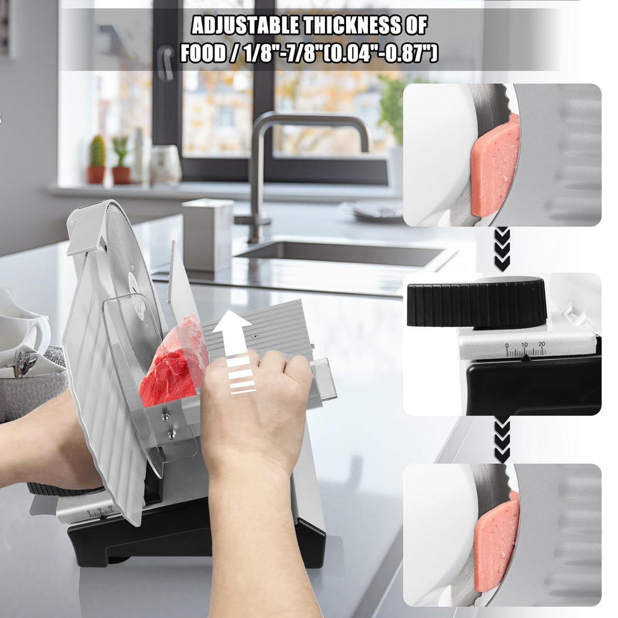 Electric Meat Slicer, 200W Meat Slicer Machine for Home Use, Deli Food Slicer, Meat Cutter Machine, Aluminum,Dishwasher Safe, Removable Blade & Food Carriage and Pusher, 7/8 Inch Adjustable Thickness CukAid