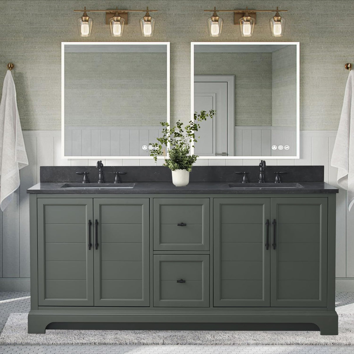 Vanity Art 72 Inch Double Sink Bathroom Vanity with Ceramic Sink and Stone Top | Undermount Rectangular Cabinet with Soft Closing Doors, Dovetailed Drawers, No Mirror VA5072-DVG Vanity Art