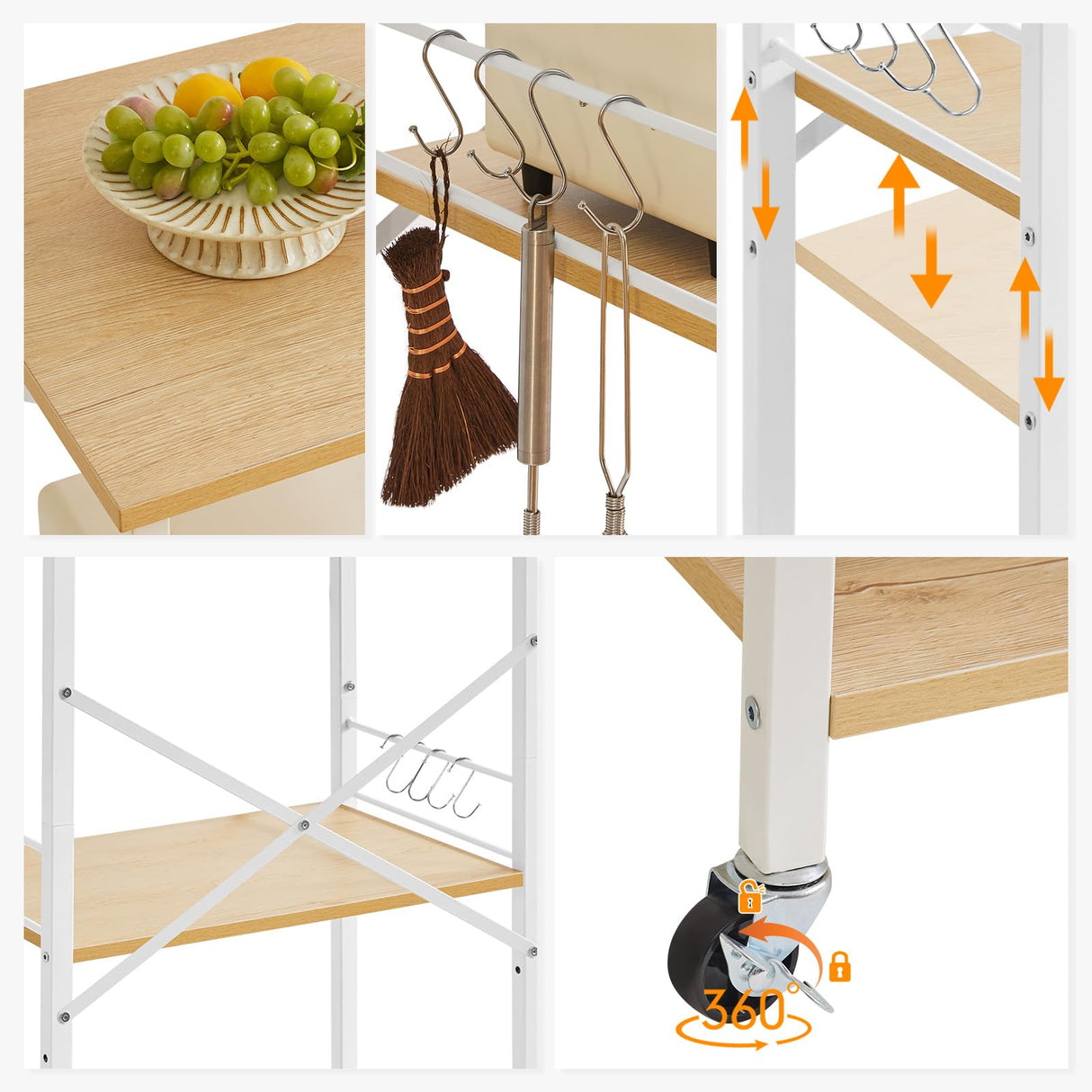 IBUYKE Kitchen Shelf Cart, 3-Tier Microwave Oven Stand, Baker’s Rack with Metal Frame and 8 Hooks, Industrial Printer Stand, Utility Standing Storage Shelf for Coffee Bar, Simple Assembly, TMJ023R IBUYKE