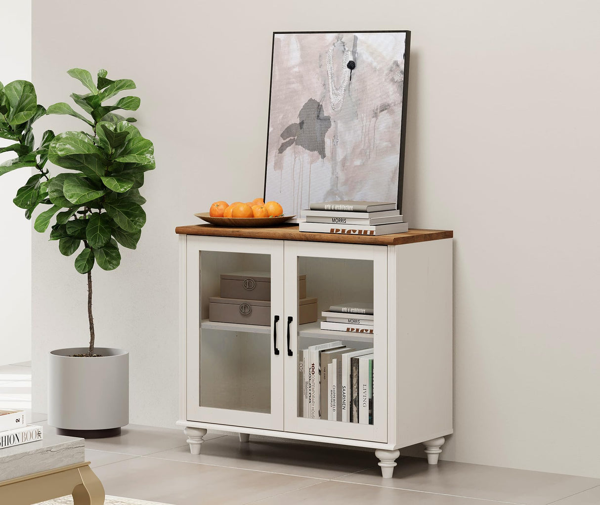 WAMPAT TV Stand for 43 Inch, Wood Console Table Storage Cabinet for Living Room, Kitchen Sideboard Buffet Cabinet With Glass Door for Dining Room, Off White WAMPAT