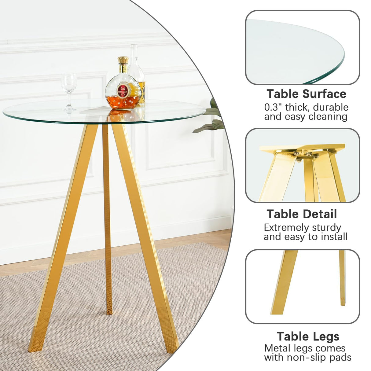 SIZOTA 3 Piece Pub Dining Set, Modern Round Bar Table and Chairs for 2, 30" Counter Height Barstools and Glass Kitchen Table Set, 31" Small Dining Table with 2 Stools(Beige) SIZOTA