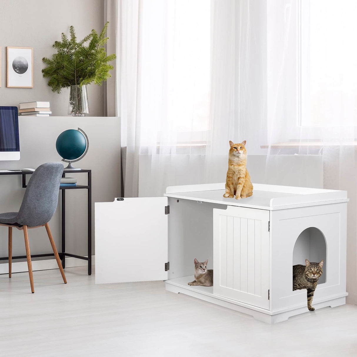 ZENY Cat Litter Box Enclosure, Cat Litter Box Furniture Hidden, Wooden Cat Litter Cabinet with Divider, Modern Cat Washroom Storage Bench,Fit Most of Litter Box, White ZENY