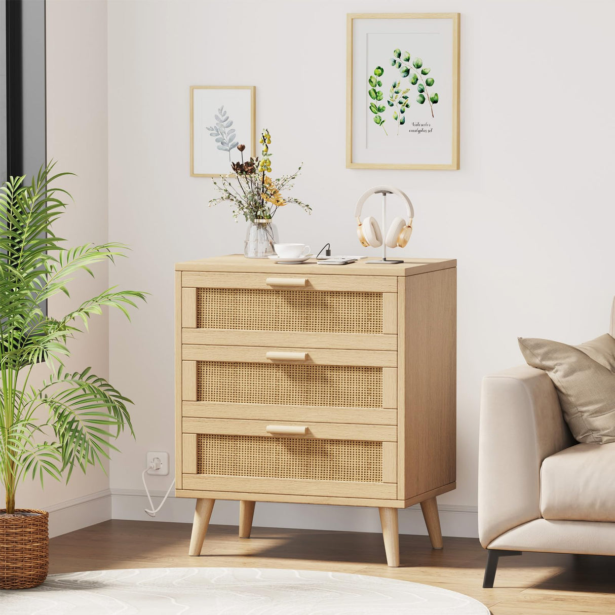 Rovaurx Rattan Nightstand with Charging Station, Night Stand with 3 Drawers, 28.5 Inch Bedside End Table for Bedroom, Side Table with USB Ports and Outlets, Boho Style, Natural RCTG110ME Rovaurx