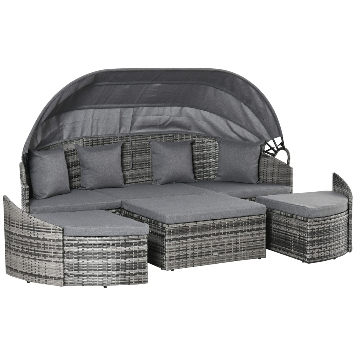 Outsunny 4-Piece Outdoor Rattan Furniture Set, Round Convertible Patio Daybed or Sunbed, Sectional Sofa with Canopy, Pillows, Cushions, Footrest, Table, PE Plastic Wicker, Gray Outsunny