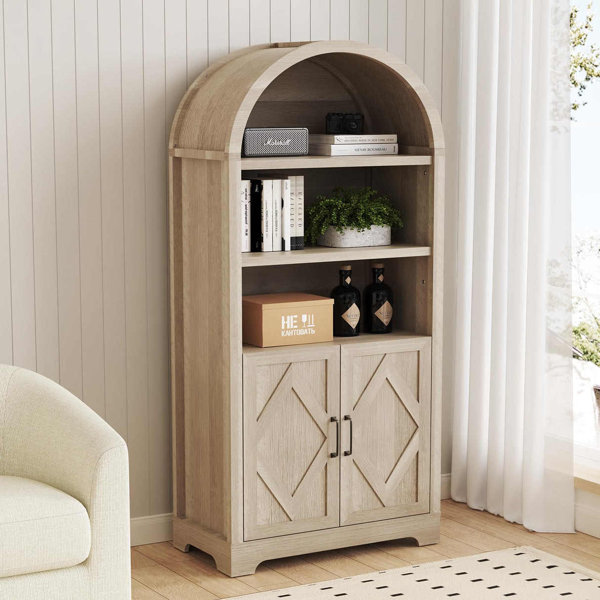 71" Tall Arched Bookcase with Storage, 5 Tier Mid-Century Modern Arched Cabinet with Doors, Farmhouse Wood Kitchen Pantry Cabinet with Open Adjustable Shelves, Bookshelf for Living Dining Room Sunny Heart