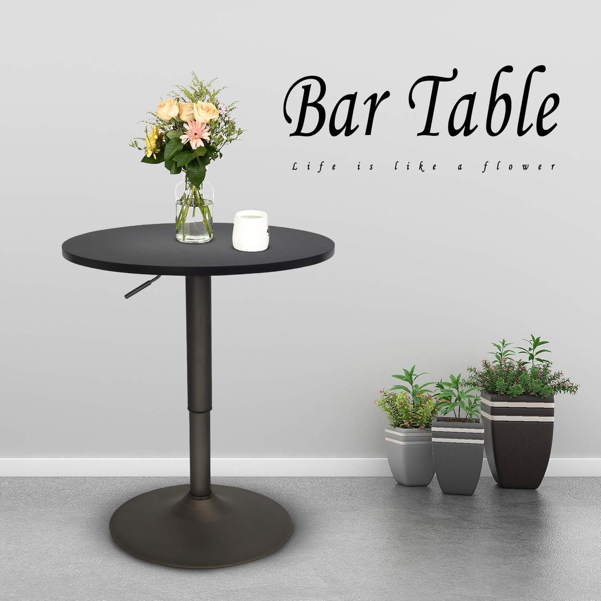 SOLIDEE 24-Inch Round Bar Table Adjustable Height and Wood Cocktail Pub Table MDF Top 360° Swivel Furniture, Black SOLIDEE
