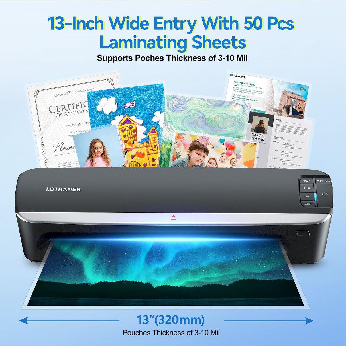13 inch 4-Roller Laminator Machine, 3-10 Mil 60-Second Warm-up A3 Commercial Laminating Machine with 50 Sheets, LOTHANEK Heavy Duty Thermal Machine for Home, School Office Teacher Use LOTHANEK