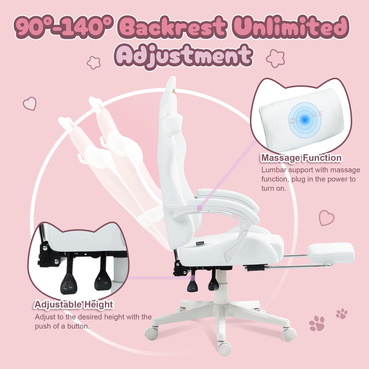 Dowinx Gaming Chair Cute with Cat Ears and Massage Lumbar Support, Ergonomic Computer Chair for Girl with Footrest and Headrest, Comfortable Reclining Game Chair 290lbs for Adult, Teen, White Dowinx
